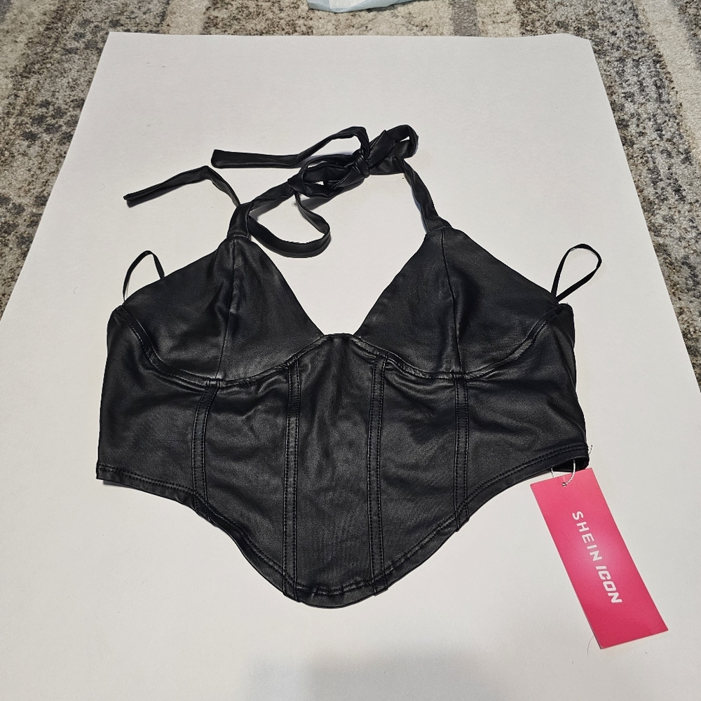 Shein Faux Leather Halter Crop Top Women's Size Large
